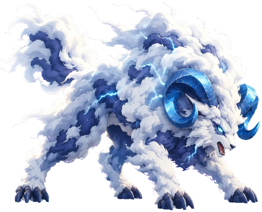 Seekor Squallbeast, makhluk berkaki empat berbulu awan badai dengan tanduk batu biru, merunduk di bukit rumput.